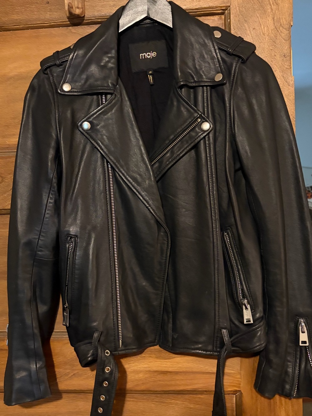 Maje Black Leather Moto Jacket with Belt